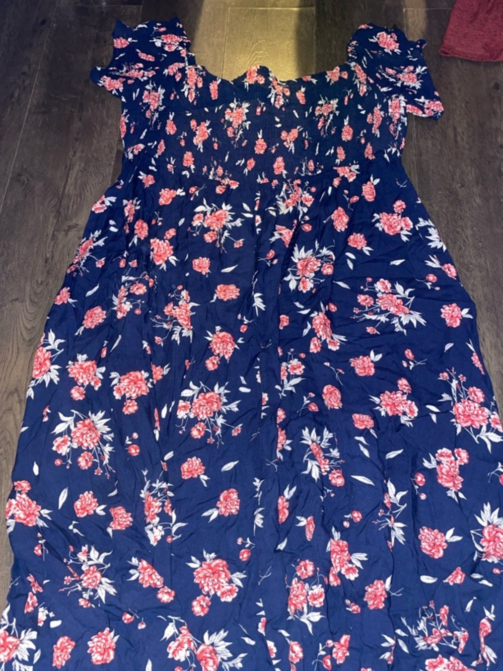 torrid Navy Floral High-Low Dress with Pink Flowers. Smocked off shoulder dress